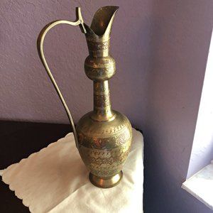 Vintage Tall Brass Hand Etched Pitcher India